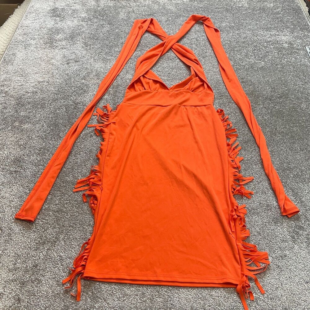 Chicme Dress Womens XXL Orange Halter Strappy Fringed Sides Solid Midi Party